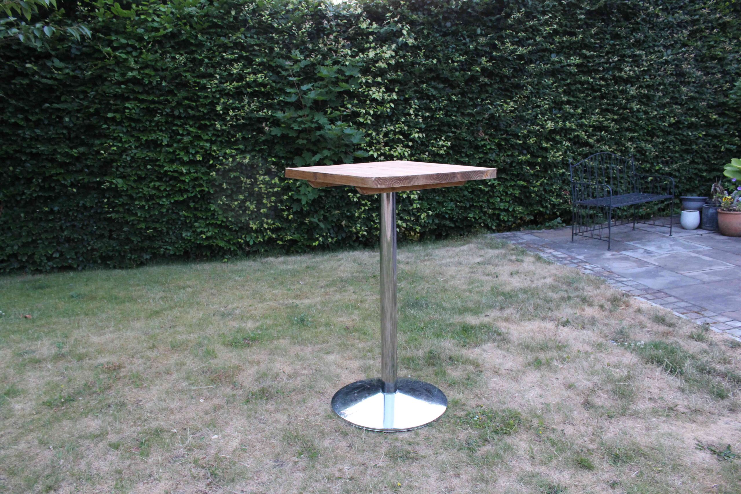Poseur Tables with Chrome Base & Wooden Tops Furniture Hire